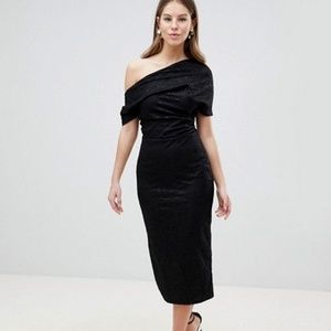 ASOS DESIGN Pleated Shoulder Lace Midi Dress